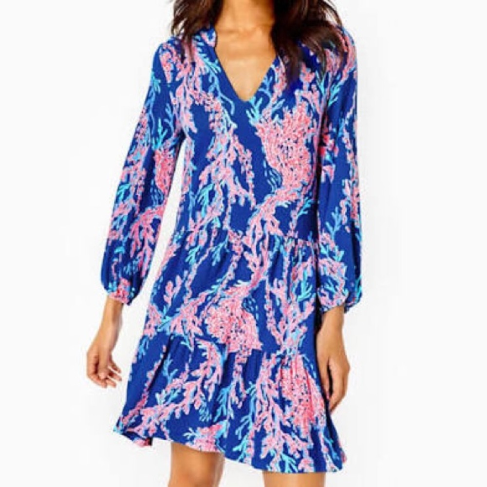 LILLY PULITZER: Traci Long Sleeve Dress, Borealis Blue Swim on Over, Medium